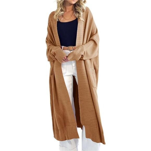 Womens Long Cardigan Sweaters with Pockets Khaki - Picture 2 of 5